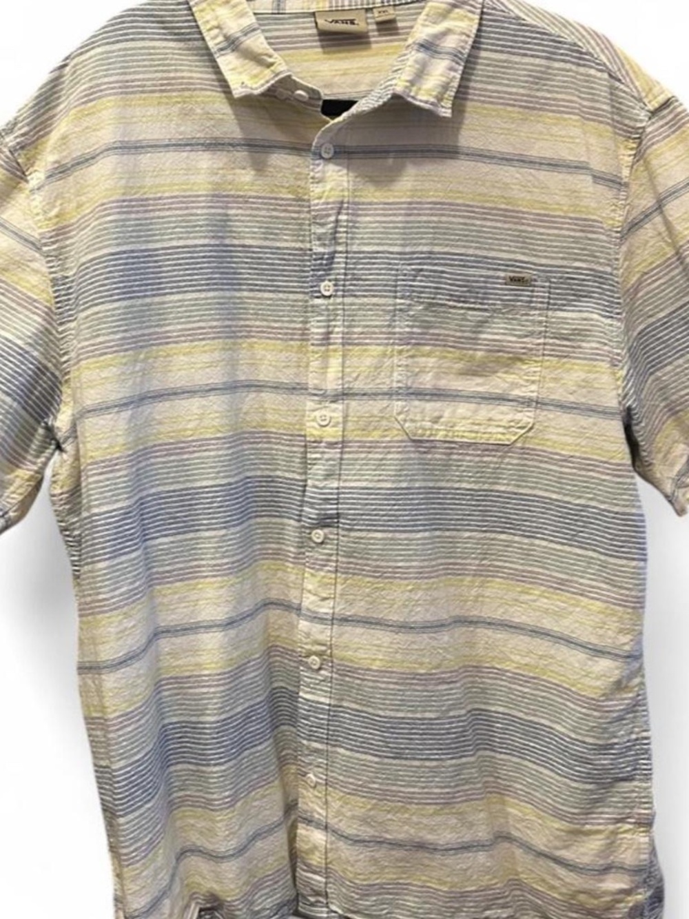 Vans Men’s XXL Striped Short Sleeve Button Up Shirt 100% Cotton Blue Yellow
